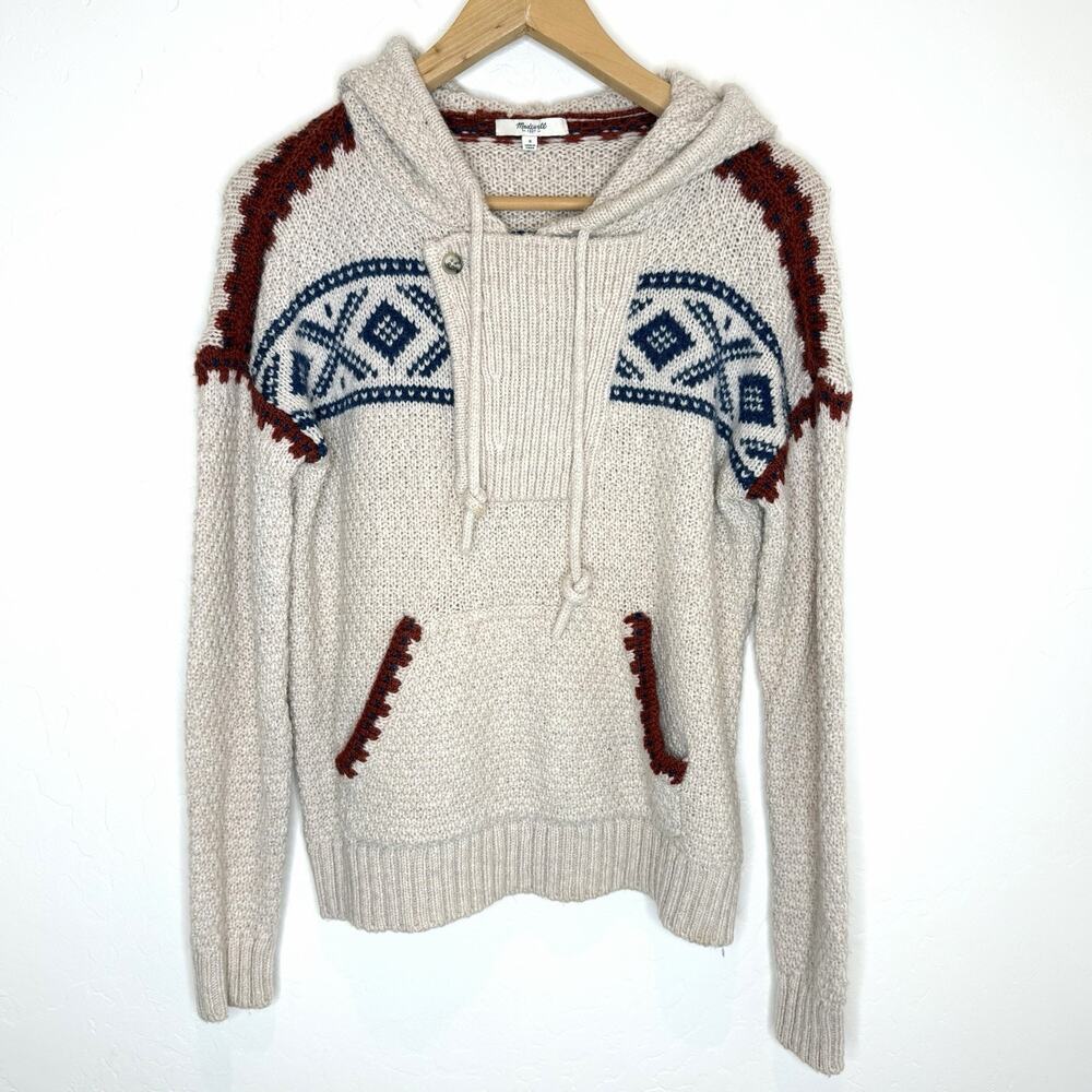 Madewell Fair Isle Hooded Sweater Wool Alpaca Bland Womens Small Beige Red Blue